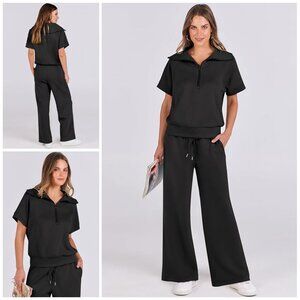 Women 2 Piece Sweatsuit Summer Half Zip Sweatshirt Wide Leg Pant Tracksuit